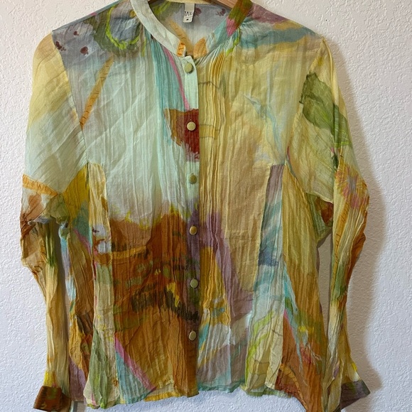 yavi Tops - Yavi Chanderi Summer Labile Button Front Shirt in Yellow Multi Color - Size M
